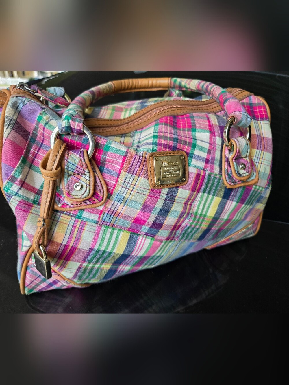 Liz Claiborne Pink Multicolor Plaid Satchel with Tan Trim